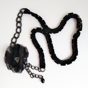 Black Dahlia Flower Taffeta Ruffle Over Gunmetal Chain Bead Belt
